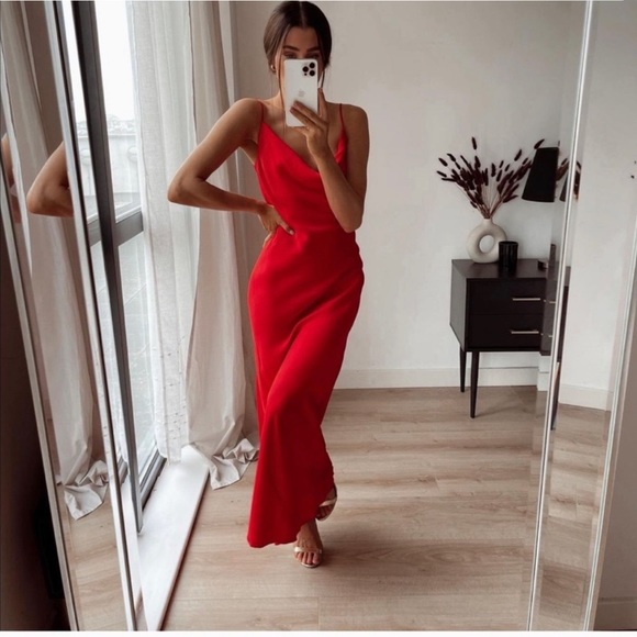 Zara bright Red Satin Effect Lingerie Style maxi Cowl Neck Dress Size XS NWT - Picture 2 of 16